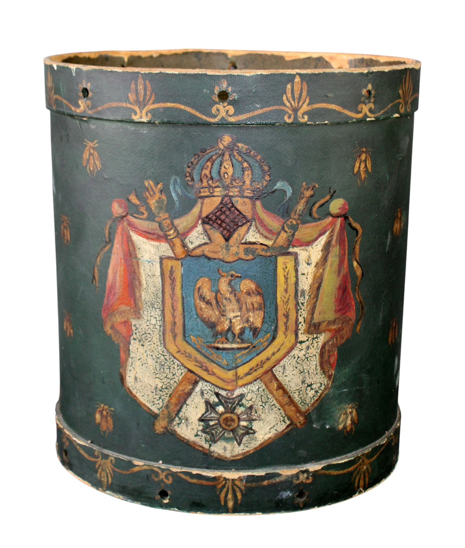 French Napoleon III bin painted with crest: French Napoleon III bin painted with crest. 14"h x 12 1/2"w x 10"d Weight: 2lbs