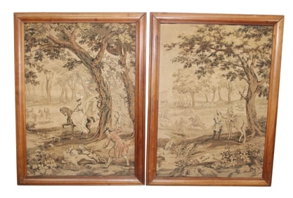 Pair of French monochromatic tapestries in frames