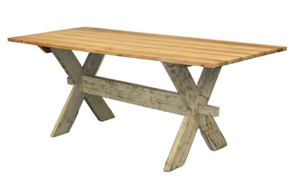 Swedish cross base dining table in pine with natural top and painted base