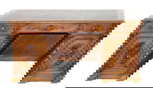 French carved oak pedestal desk with tooled leather top