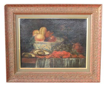 French oil on canvas still life painting with fruit and shellfish