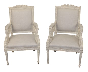 Pair French Empire style armchairs with carved swan arms and a painted finish