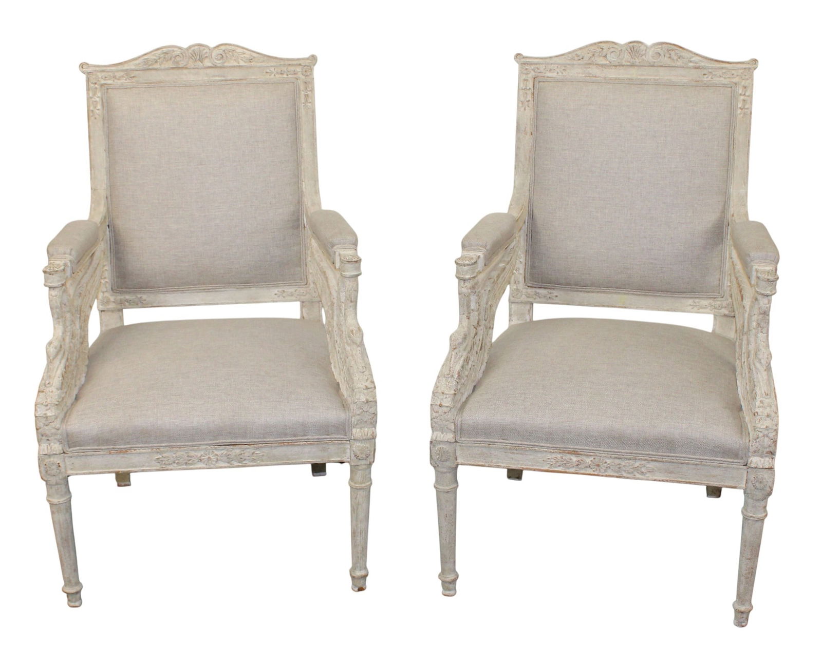 Pair French Empire style armchairs with carved swan arms and a painted finish (1 of 9)