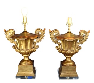 Pair of Italian Baroque giltwood urn form lamps