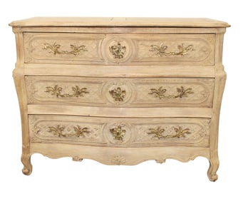 French Louis XV carved and bleached oak 3 drawer commode