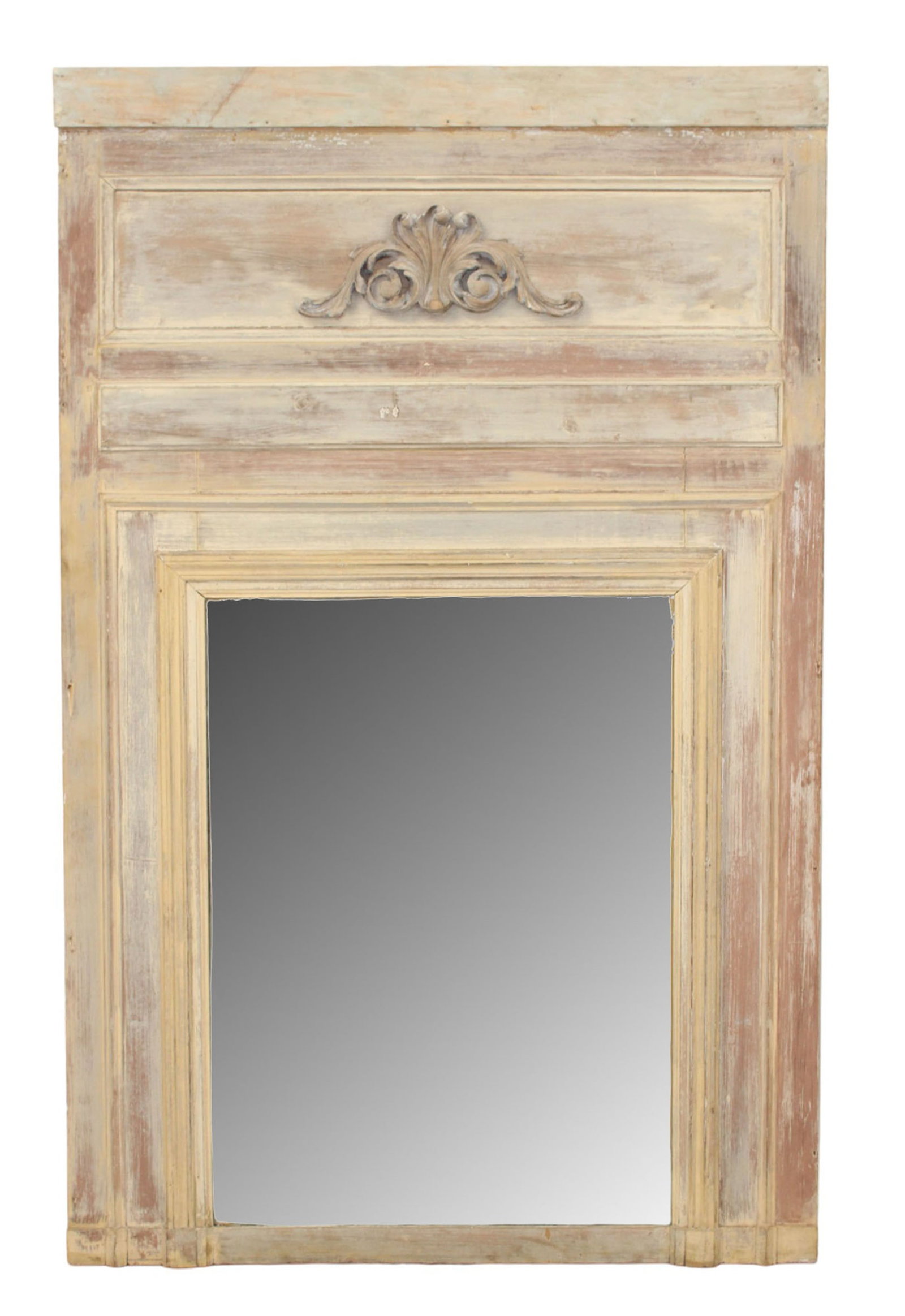 French Directoire trumeau mirror with raised panels: French Directoire trumeau mirror with raised panels and scraped finish. 19th century. 70 1/2"h x 43 7/8"w