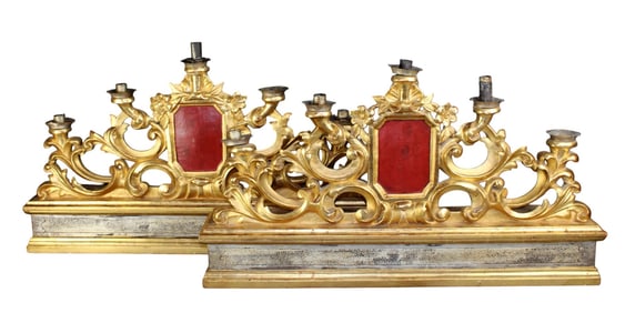 Pair of Italian giltwood 5-candle altar candelabra