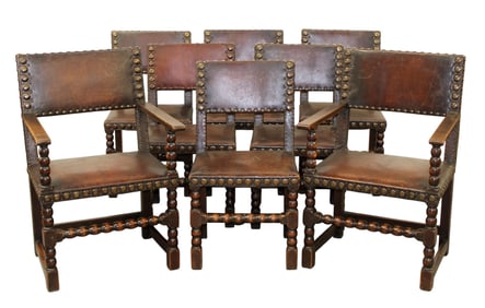 Lot of 8 French studded leather chairs