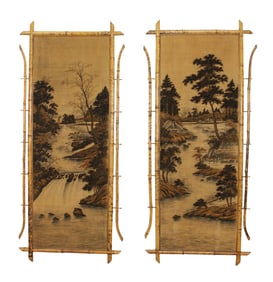 Lot of 2 French Chinoiserie fabric screens in bamboo frames