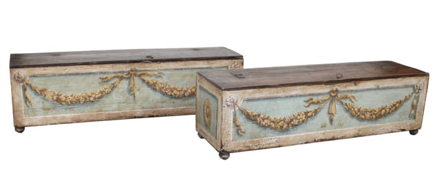 Pair of Italian painted pine trunks
