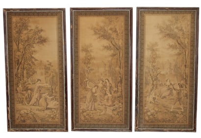 Lot of 3 monochromatic French woven tapestries depicting Bourgeois scenes