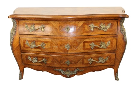 French Louis XV bombe commode in walnut with burled elm panels
