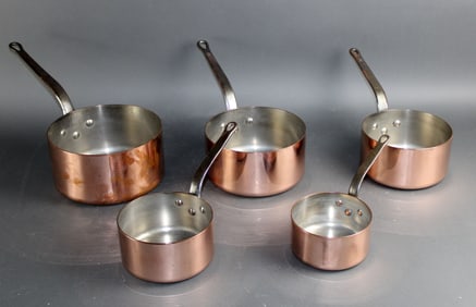 Lot of 5 French copper pots with iron handles