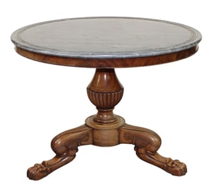 French Louis Philippe gueridon table in walnut with paw feet and marble top