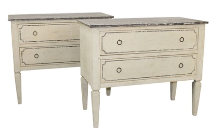 Pair of French 2 drawer commodes on legs with painted finish