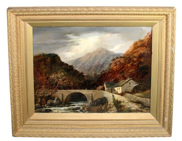 French oil on canvas painting landscape with bridge