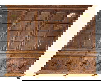Monumental French chateau 6 door bookcase with relief carved game