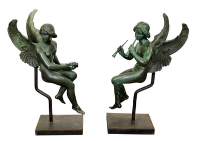 Pair of French verdigris bronze altar angels mounted on iron stands