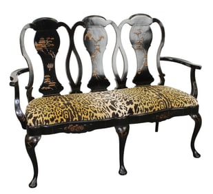 English Queen Anne Chinoiserie triple seat bench with Scalamandre upholstery