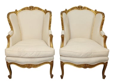 Pair of Louis XV style giltwood bergere armchairs