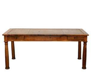 French Empire bureau plat desk in walnut with tooled leather top and 2 drawers