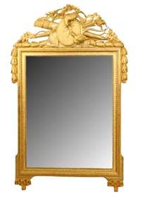 French Louis XVI 18th century gold leaf mirror with carved wood torch and quiver crest
