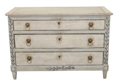 French Directoire 3 drawer commode with painted vines and lion head pulls