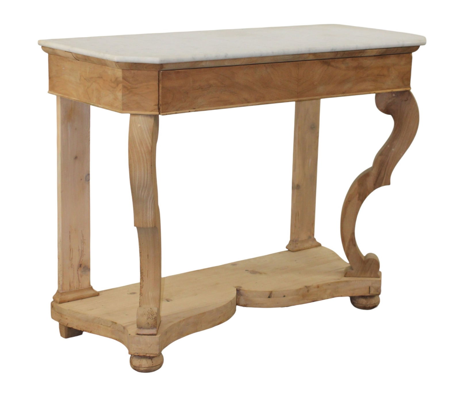French Louis Philippe console table with marble top: French Louis Philippe console table in bleached mahogany with white marble top. 19th century. 35 1/2"h x 45"w x 20 1/4"d