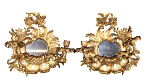 Pair of French Rococo gilt wood 2 candle wall sconces with mirrors