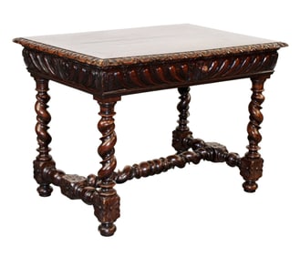 French carved oak bureau plat desk with barley twist legs