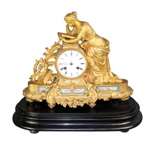 French Napoleon III gilt bronze figural mantel clock