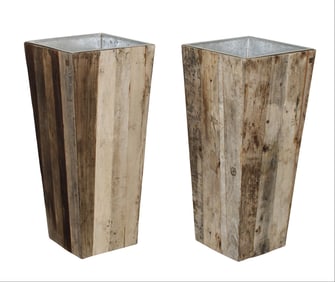 Pair of tall garden planters in reclaimed barn wood with tin lining