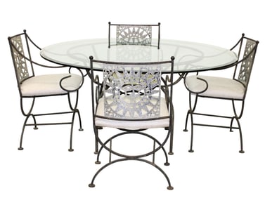 Arthur Umanoff for Shaver Howard Mayan Sunburst 5pc iron and glass patio set