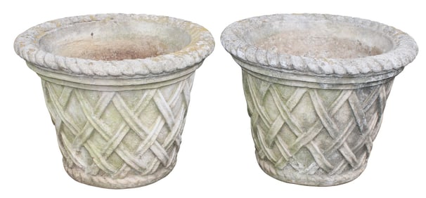 Pair of cast concrete basket weave garden urns