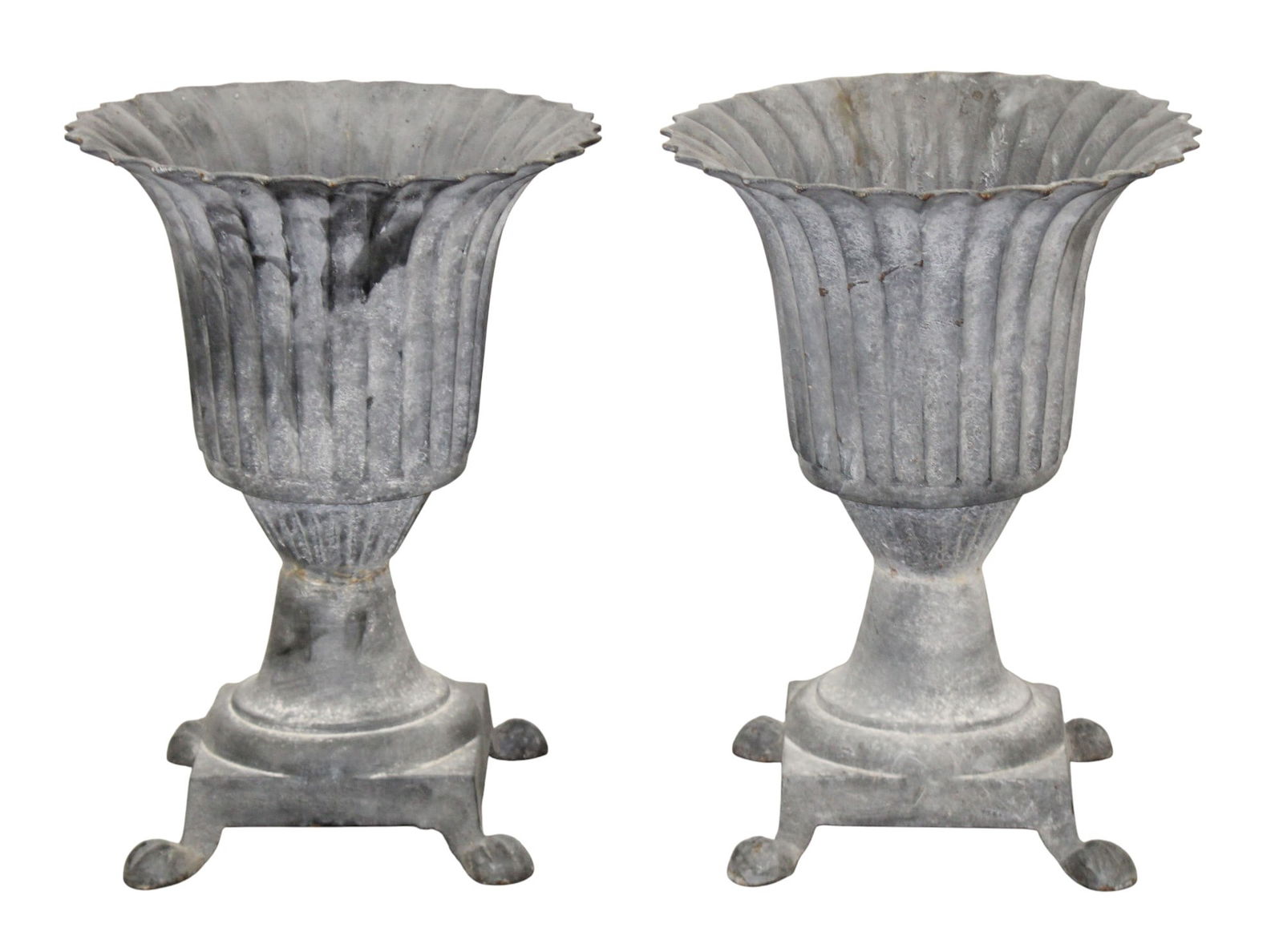 Pair of neoclassical style flared and fluted cast iron footed garden urns (1 of 7)