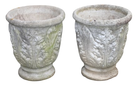 Pair of cast concrete garden urns with acanthus leaves