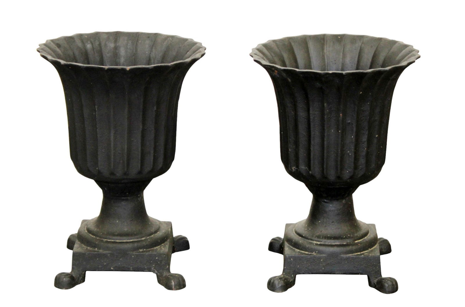 Pair of neoclassical style flared and fluted cast iron footed garden urns (1 of 9)