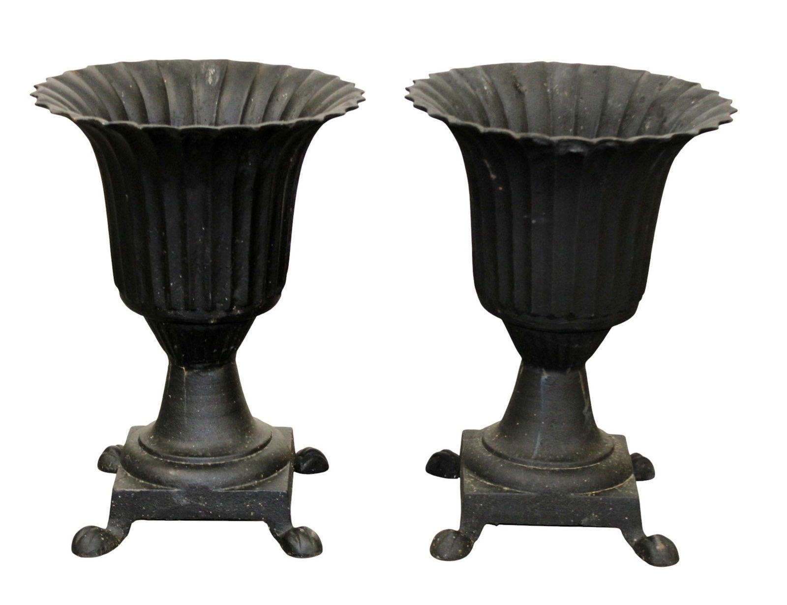 Pair of neoclassical style flared and fluted cast iron footed garden urns (1 of 10)