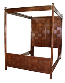 Henredon campaign style canopy queen size bed in carved mahogany