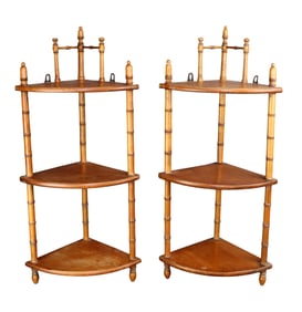 Pair of French faux bamboo wall mount corner etageres in pine
