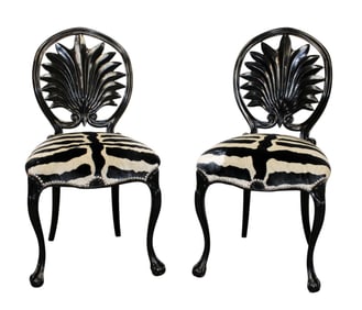 Pair of Hollywood Regency black lacquer side chairs with zebra velvet upholstery