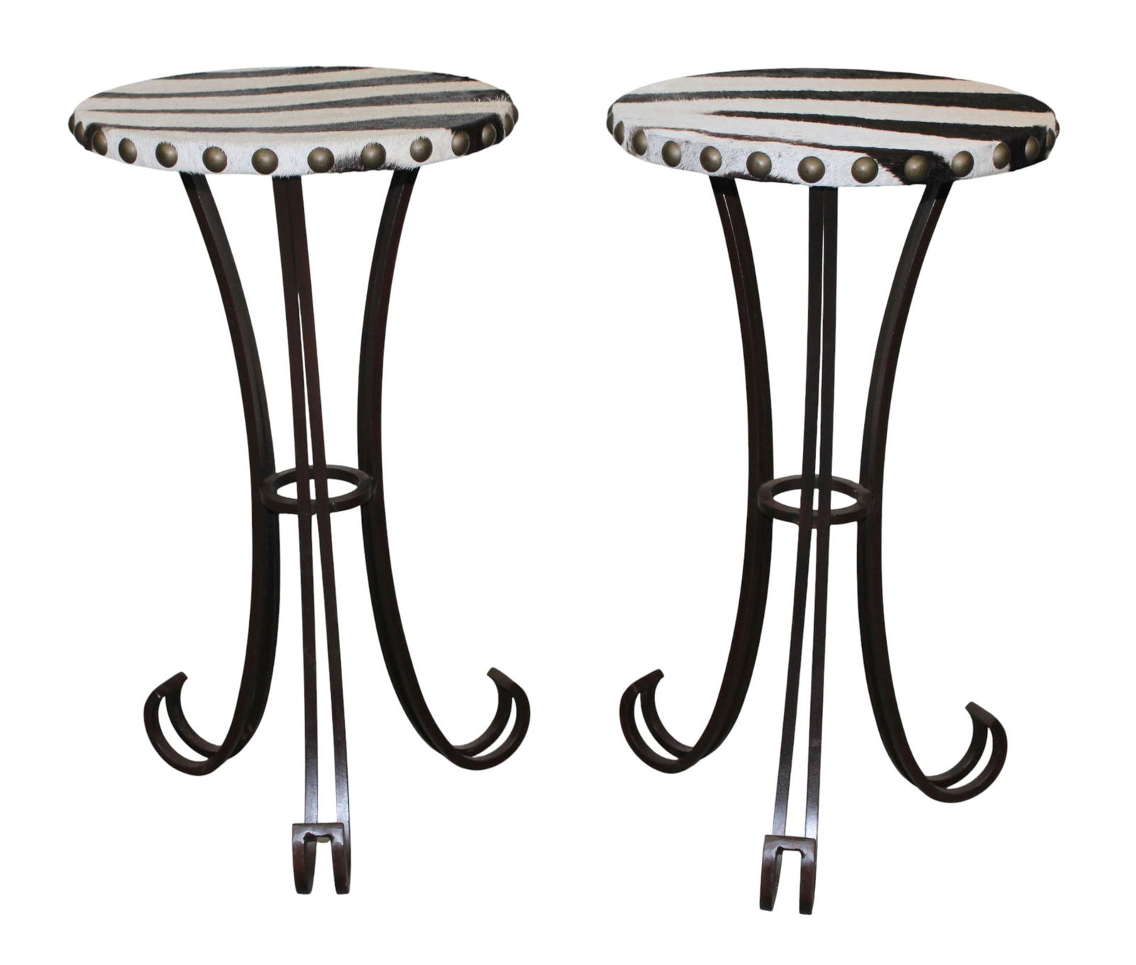 Lot of 2 small drinks tables on iron bases with zebra hide tops (1 of 7)