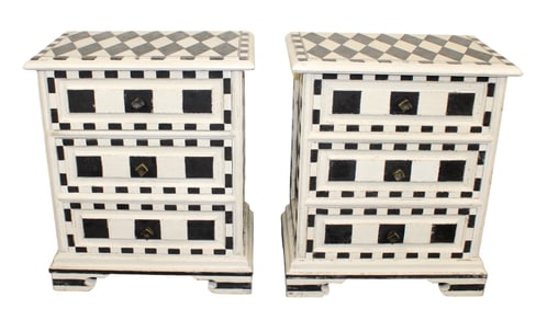 Pair of Italian petit commodes painted with graphic black and white