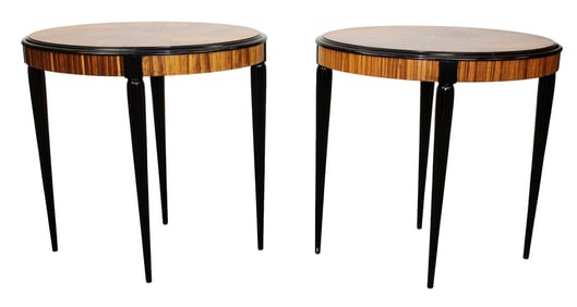 Pair Deco style oval side tables with zebra wood tops on black lacquer tapered legs