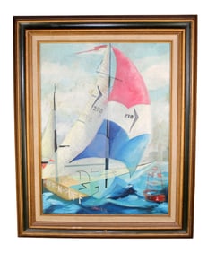 Ray Miklos oil on canvas painting depicting sailboat