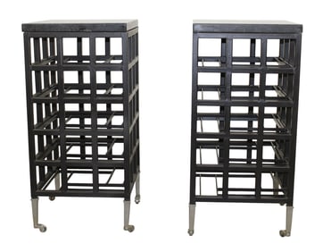 Pair of iron grid side tables with wine bottle storage and marble tops