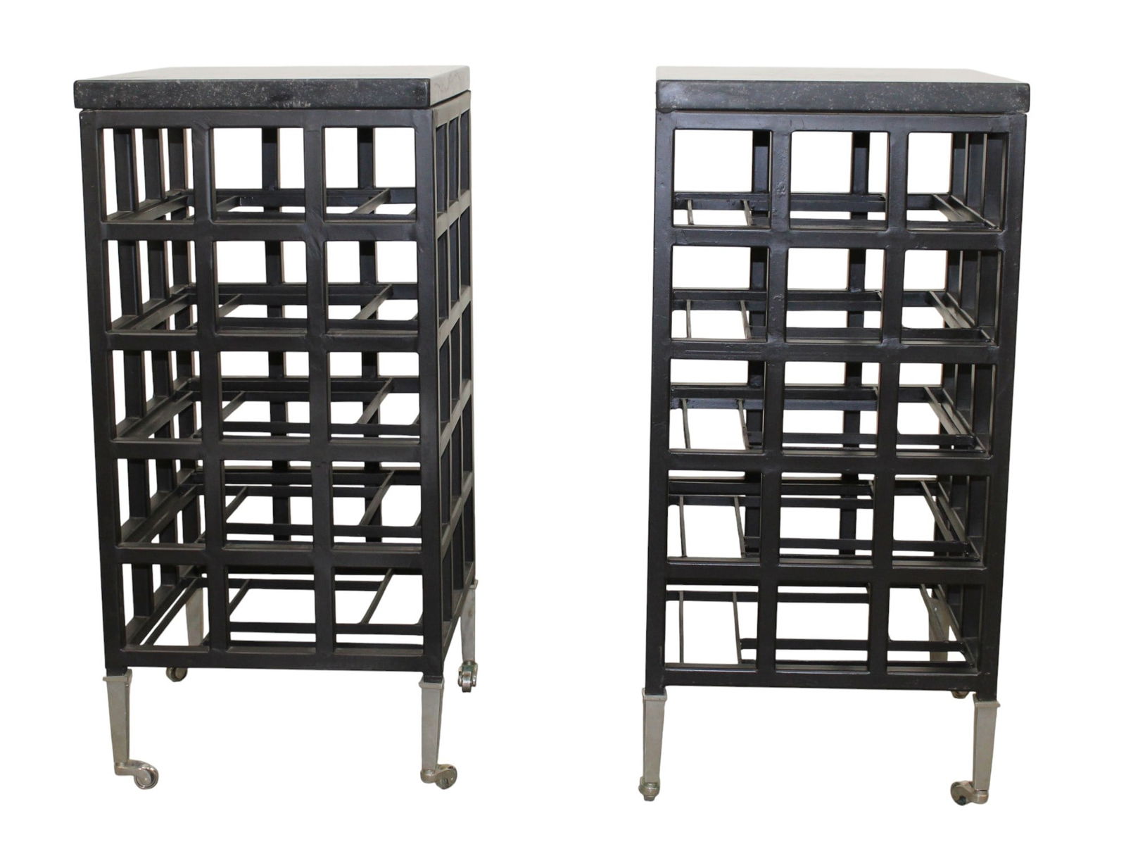 Pair of iron grid side tables with wine bottle storage and marble tops: Pair of iron grid side tables with wine bottle storage and marble tops. On casters. Modern. 30 1/4"h x 14 1/2"square