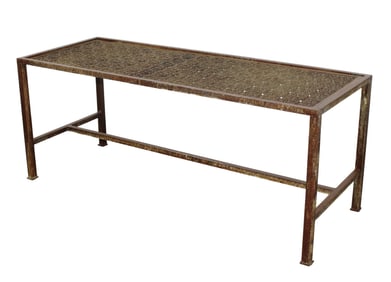 French bronze panel with quatrefoil design mounted in iron frame as coffee table