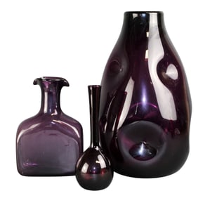 Lot of 2 Blenko and 1 Carlsson purple glass vases