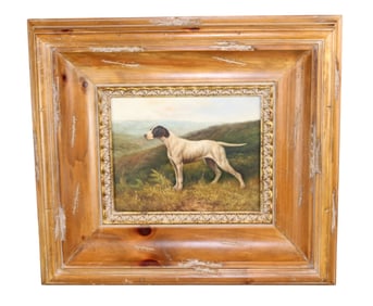 Oil on canvas painting of hunting dog